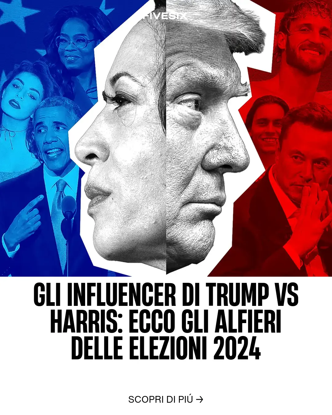 Immagine per 'Gli Influencer di Trump VS Harris: Ecco gli alfieri delle Elezioni 2024' - Fivesix Studio. Specializzati in Branding, Personal Brand, Marketing e Comunicazione.