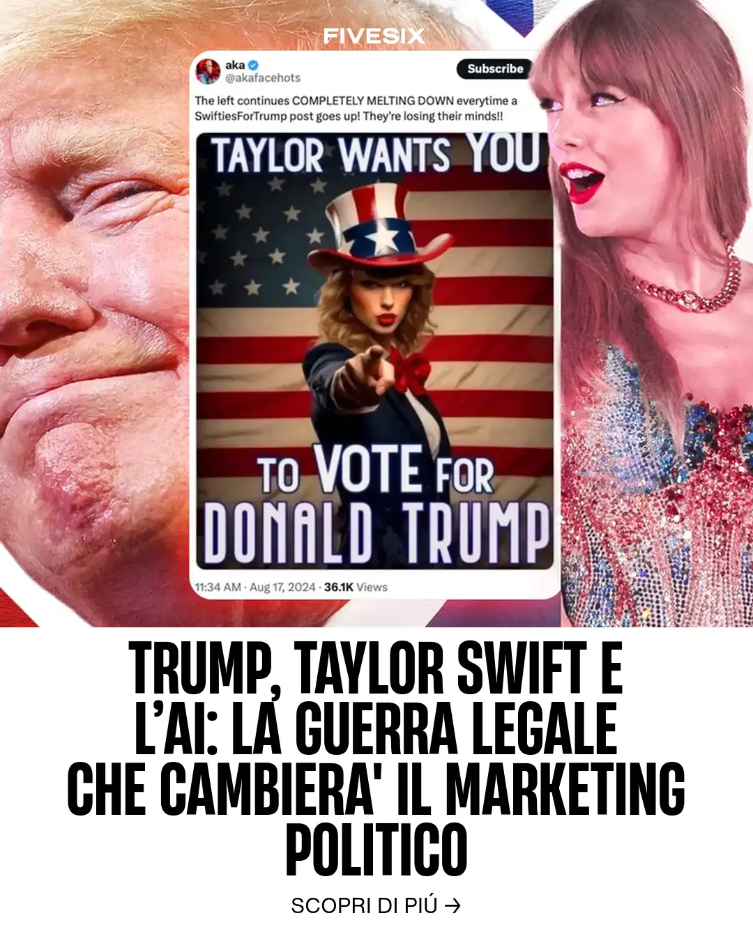 Immagine per 'Trump, Taylor Swift e l’AI: La guerra Legale che cambiera' il Marketing Politico' - Fivesix Studio. Specializzati in Branding, Personal Brand, Marketing e Comunicazione.